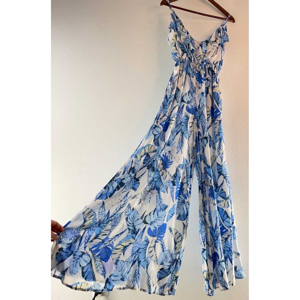 Olivaceous Blue Floral Wide Leg Jumpsuit Rayon Tropical Leaf Ruffle Beach Vaca L